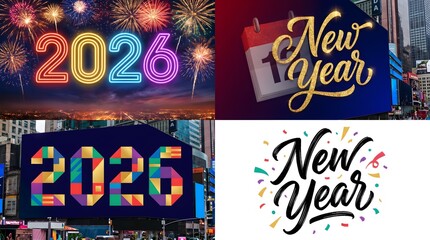 Fototapeta premium Vibrant collection of four distinct artistic compositions featuring colorful typography and celebratory themes to mark the arrival of the upcoming new year twenty twenty six celebration