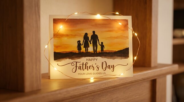 Beautifully designed father day greeting card featuring a watercolor silhouette of a happy family standing together against a vibrant orange sunset with glowing fairy lights