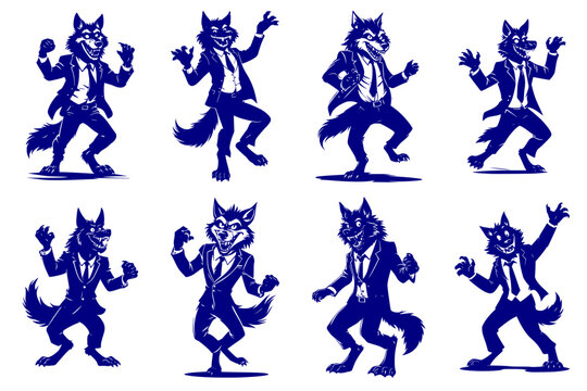 Halloween Dancing Werewolf SVG Vector Blue Silhouette icons Collection with Cartoon Wolf Creature Characters on Transparent Background