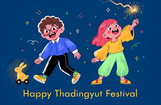Happy Thadingyut Festival Children Cartoon Illustration