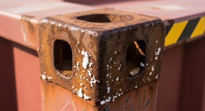 Extreme close-up of a heavily rusted industrial metal corner block with white salt deposits