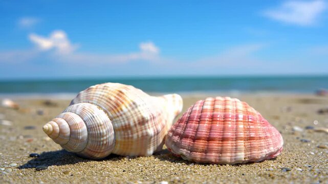 Two seashells sit on sand, with an ocean and sky in background