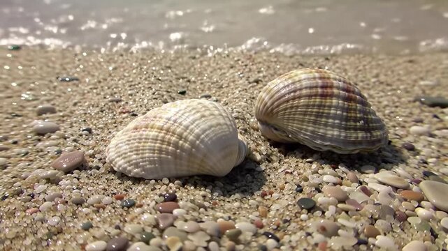 Two seashells resting on a sandy beach near shimmering water