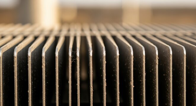 Extreme Close-up of a Worn Metal Heat Sink with Visible Dust Particles