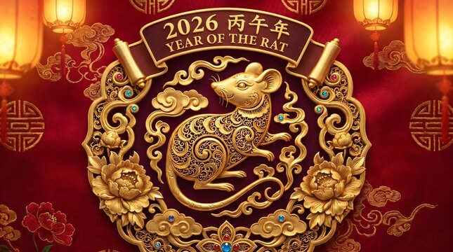 Ornate golden rat sculpture centered within a circular frame featuring traditional floral motifs and festive red silk textures to celebrate the lunar new year festival 2026.