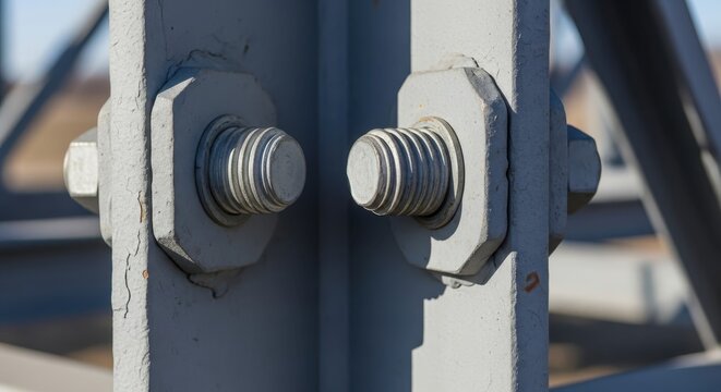 Extreme close-up of large industrial steel bolts and nuts connecting metal structures