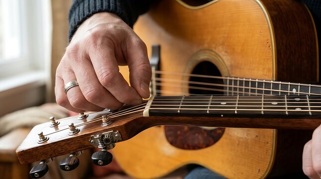 Close up of a hand tuning the strings of an acoustic guitar