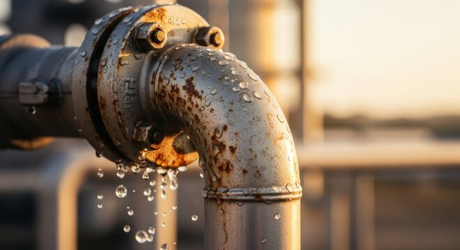 Extreme close-up of rusty industrial pipe with water droplets, showcasing corrosion and moisture.