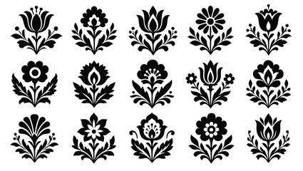 Collection of black floral silhouettes on white background for design elements © Amirul
