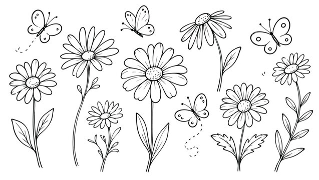Black and white illustration of flowers and butterflies  simple line drawing  nature scene