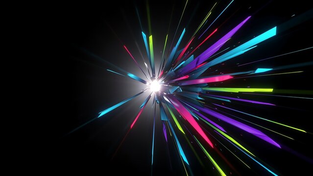 Vibrant multicolored light rays exploding from a central white point in black space