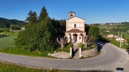 Obraz premium Aerial View of a Historic Rural Chapel in Piedmont Italy