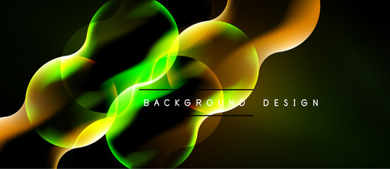 Naklejka premium Abstract fluid shapes, vibrant colors blend. Green, yellow, orange hues create dynamic composition against dark backdrop. Modern design element.
