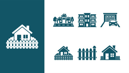 Fototapeta premium Teal vector icon set of residential buildings, fences, garages and apartments for real estate and architecture design. Flat vector illustration EPS 10.