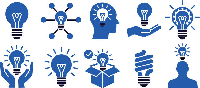 Blue lightbulb glyph icon set vector illustration featuring brain thinking innovation strategy out of the box idea symbols