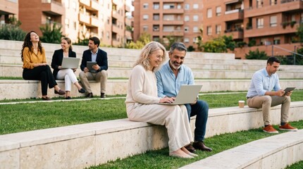 Fototapeta premium Diverse group of business people working outdoors with laptops in a modern urban park setting.