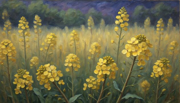 Impressionist Oil Painting of a Golden Rapeseed Field in Full Bloom.