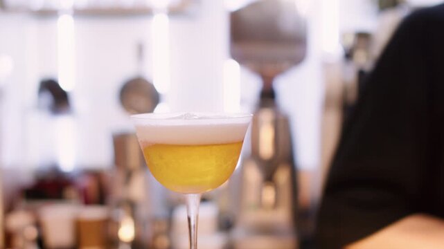 Drink preparation. Cocktail foam. Bartender adding whipped cream milk top with siphon dispenser to flavored beverage adding dried garnish.