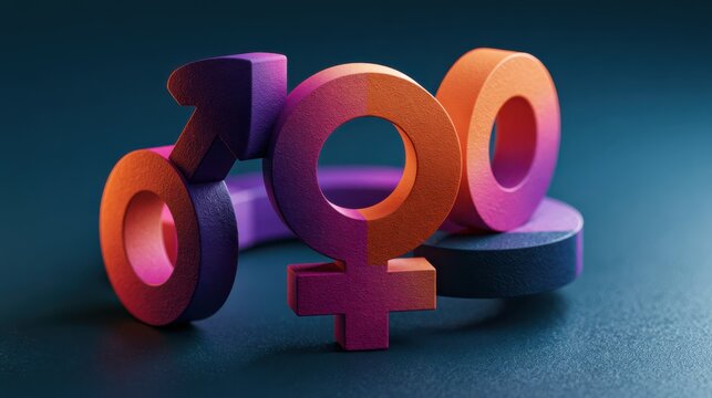 Colorful 3D male and female gender symbols intertwined on a dark surface with dramatic lighting.