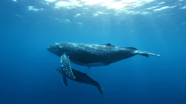 Two whales glide underwater, sun rays filtering through the surface