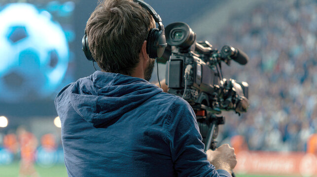 Sports broadcasting. Camera operator films a live football match in a stadium, supporting television production, sports media coverage and live event broadcasting.