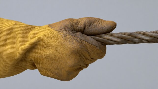 Industrial Safety, Worker wearing a protective glove firmly grips a steel wire rope, demonstrating safe material handling and industrial lifting operations.