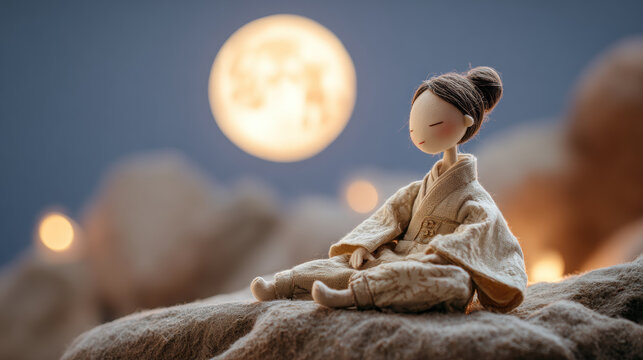 Moon peaceful handcrafted puppet Japanese doll night moonlight serene handcrafted Japanese doll puppet sitting soft fabric glowing moonlight