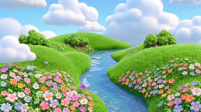 Beautiful landscape with colorful flowers and stream flowing through green hills and trees under blue sky with white clouds