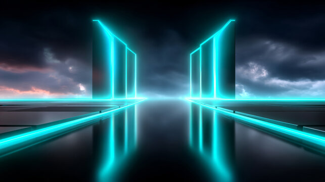 A passageway with blue neon lights