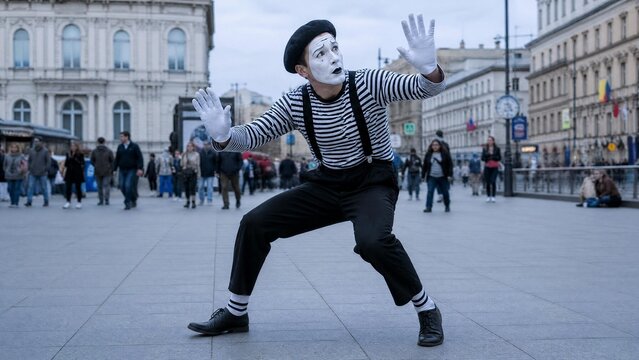 Professional Mime Artist Performing Pantomime on a Busy City Street