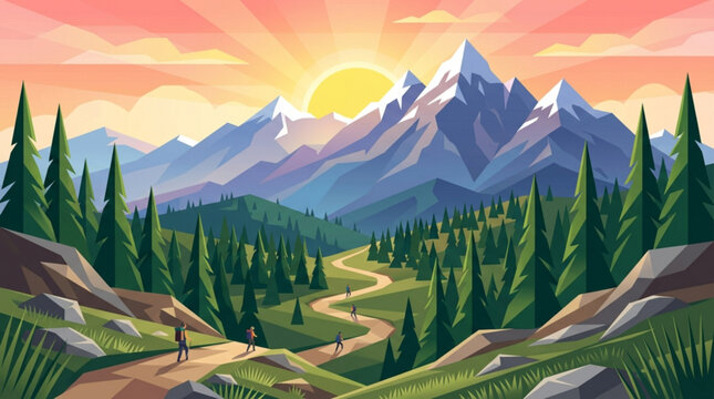 Vector illustration of hikers on mountain trail with pine trees sunset with vector landscape hikers path mountains sunset sky wilderness silhouette