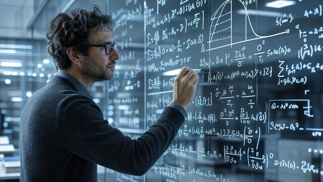 Brilliant Male Scientist Solving Complex Mathematical Equations on Transparent Glass Wall in Modern Laboratory