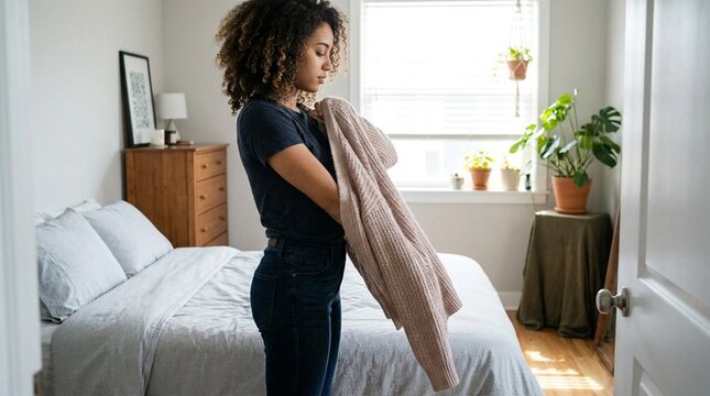 Woman in bedroom putting on sweater with adult female person