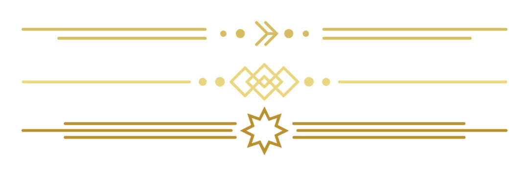Collection of three elegant gold decorative text separators as isolated object