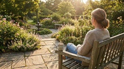 Fototapeta premium woman sitting on a bench in a garden with flowers relaxation