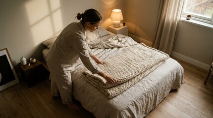 Fototapeta premium Woman making bed with chunky knit blanket in cozy bedroom
