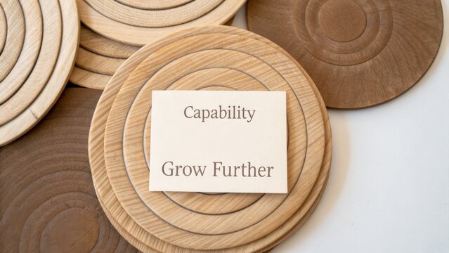 Natural Wooden Discs with Text Cards Representing Growth and Capability in Business and Personal Development