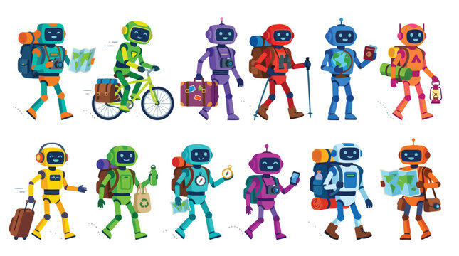 Colorful robot characters traveling and commuting in various futuristic ways with luggage and gadgets