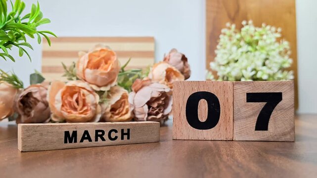 Hand placing wooden calendar blocks showing march 7 on a wooden table