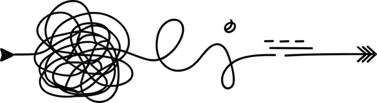 Complex untangling pathway vector representing problem solving strategy chaos simplification coaching abstract clarity process straight arrow path