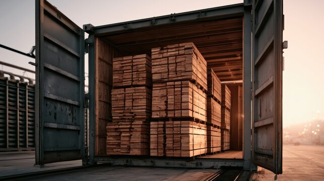 Open shipping container filled with neatly stacked wooden planks, ready for transport or storage in an industrial setting during sunset.