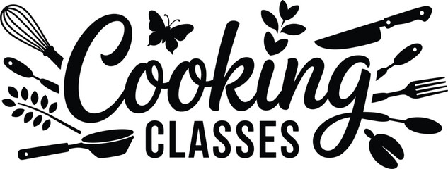 Cooking classes typography text logo design vector with chef knife whisk pan fork spoon butterfly organic elements © MSTJOSNA