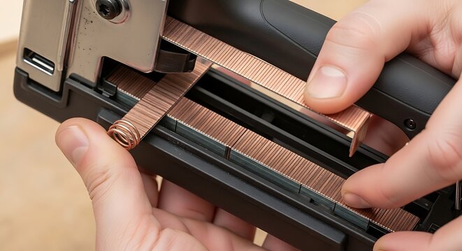 Close up of hands loading metal staples into a heavy duty construction staple gun.