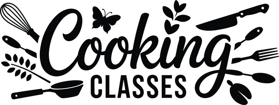 Cooking classes typography text logo design vector with chef knife whisk pan fork spoon butterfly organic elements