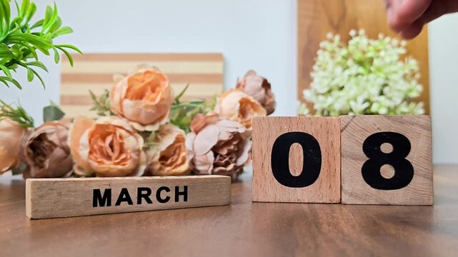 Hand placing wooden calendar blocks showing march 8 on a wooden table