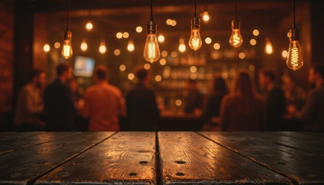 Rustic wooden bar counter with blurred people in the background.