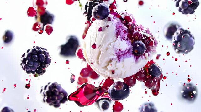 Blackberries and cream swirling around scoop, aerial dessert composition with dripping sauce and frozen berries in motion, bright highkey studio shot for premium menu and ad use.