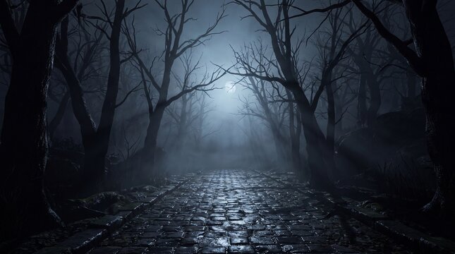 A mysterious, glowing moonlight shines through dense, dark, leafless trees over a wet cobblestone path in a foggy forest, creating a spooky and atmospheric scene.