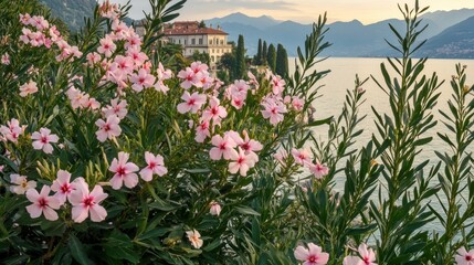Fototapeta premium Pink oleander flowers in foreground with villa monastero and lake como landscape