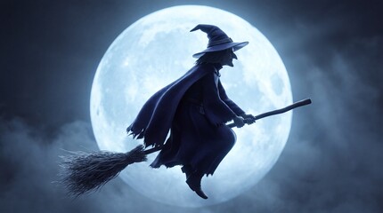 Fototapeta premium A mystical witch in a pointed hat flying on a broomstick, silhouetted against a giant, glowing full moon in a foggy night sky. Perfect for Halloween themes.